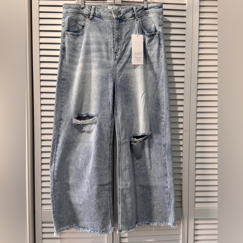 Risen Hank High Rise Frayed Hem Ankle Wide Leg Jeans